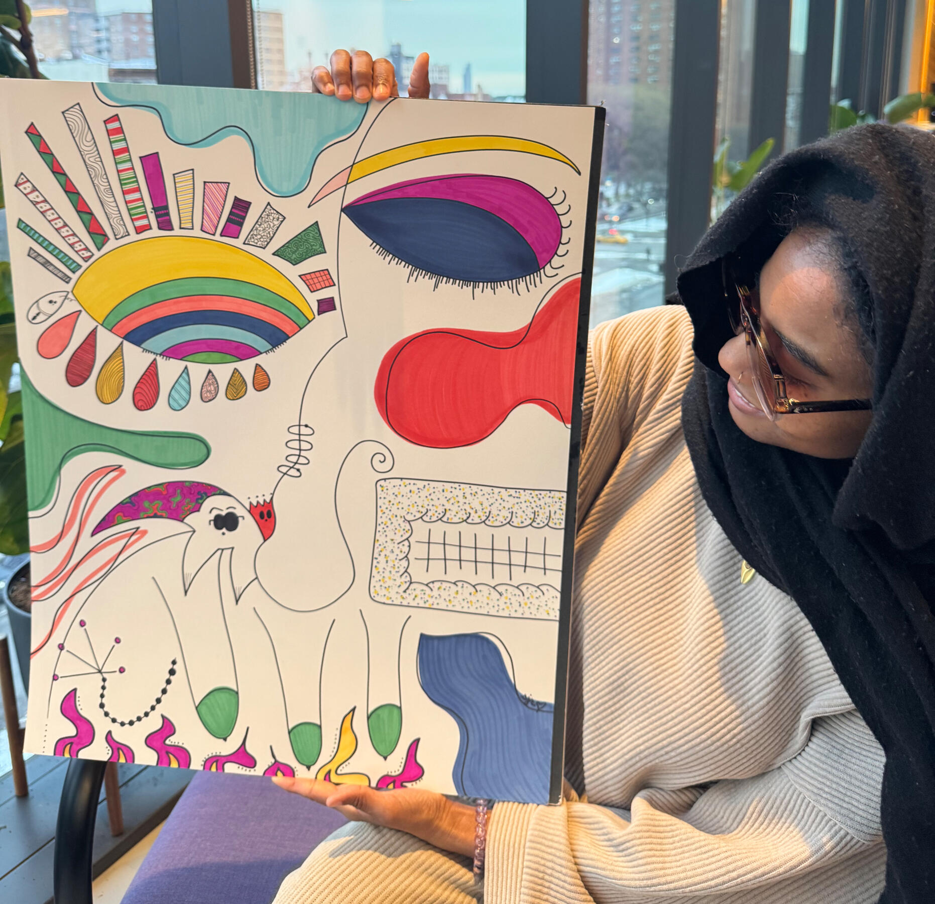 Abstract marker-on-paper artwork Bowser Calls Collect by shanelle julia rosita, featuring a large stylized face with bold black linework, vivid rainbow-like forms, drops, geometric shapes, and bright red, yellow, green, blue, and pink accents.