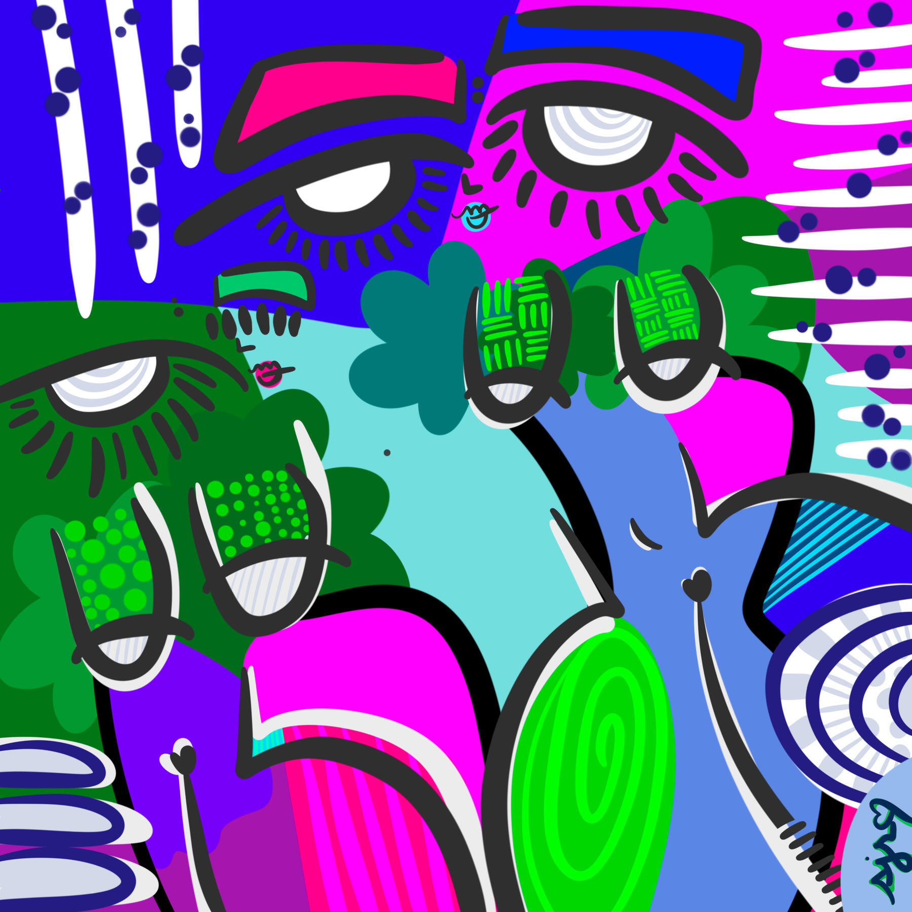 Abstract digital artwork Fire Side Flower Child by shanelle julia rosita, featuring stylized faces and figures with oversized eyes, bold black linework, and vivid green, pink, blue, purple, and white patterns.